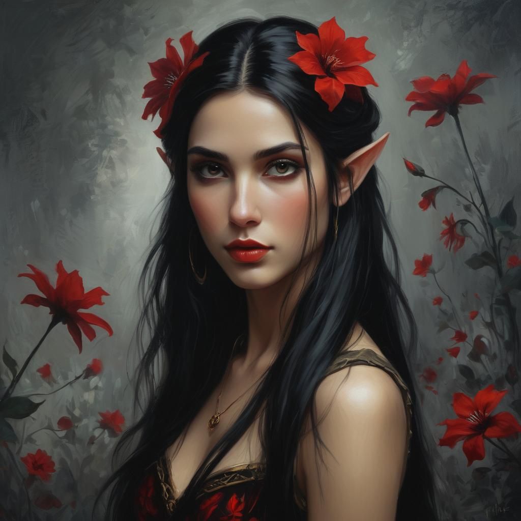 portrait of a stunning elf woman,   a dark fantasy , Romanti...