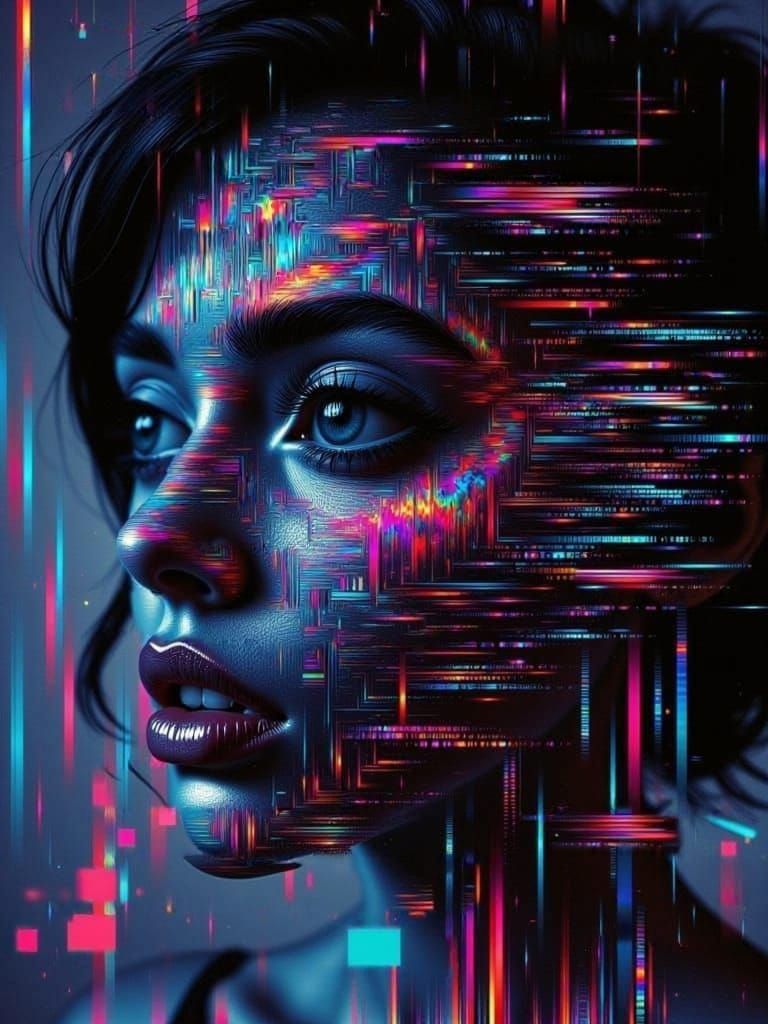 Futuristic Woman's Timewarp in Glitch Art Style