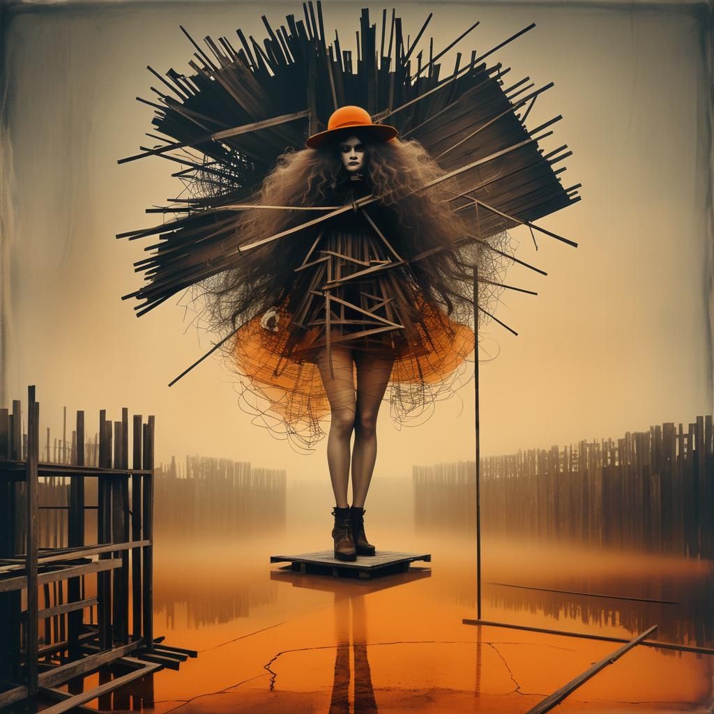 A brown-and-orange-toned image of a sketchy wooden scaffoldi...