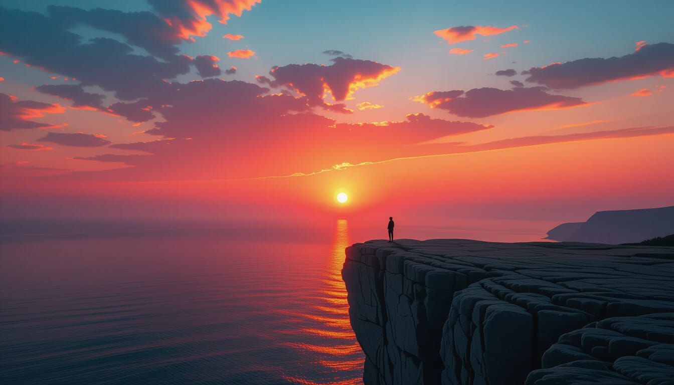 In the serene embrace of evening, a lone figure stands silhouetted against the vibrant hues of a hazy sunset. Perched on the precipice of a ...