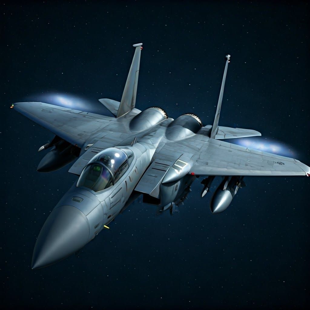 silver painted F-15 Eagle soaring through the night sky with...