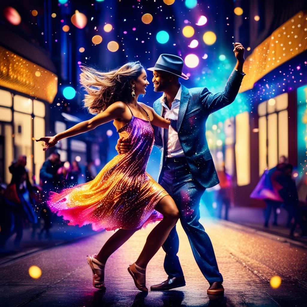 a beautiful couple lively dancing the cha cha on the streets colorful outfits smiling live musicians ...  by @Valmond Teng