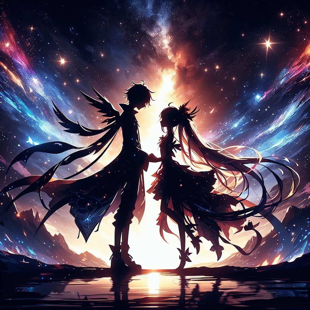 Anime Characters in Tender Moment Under Stars