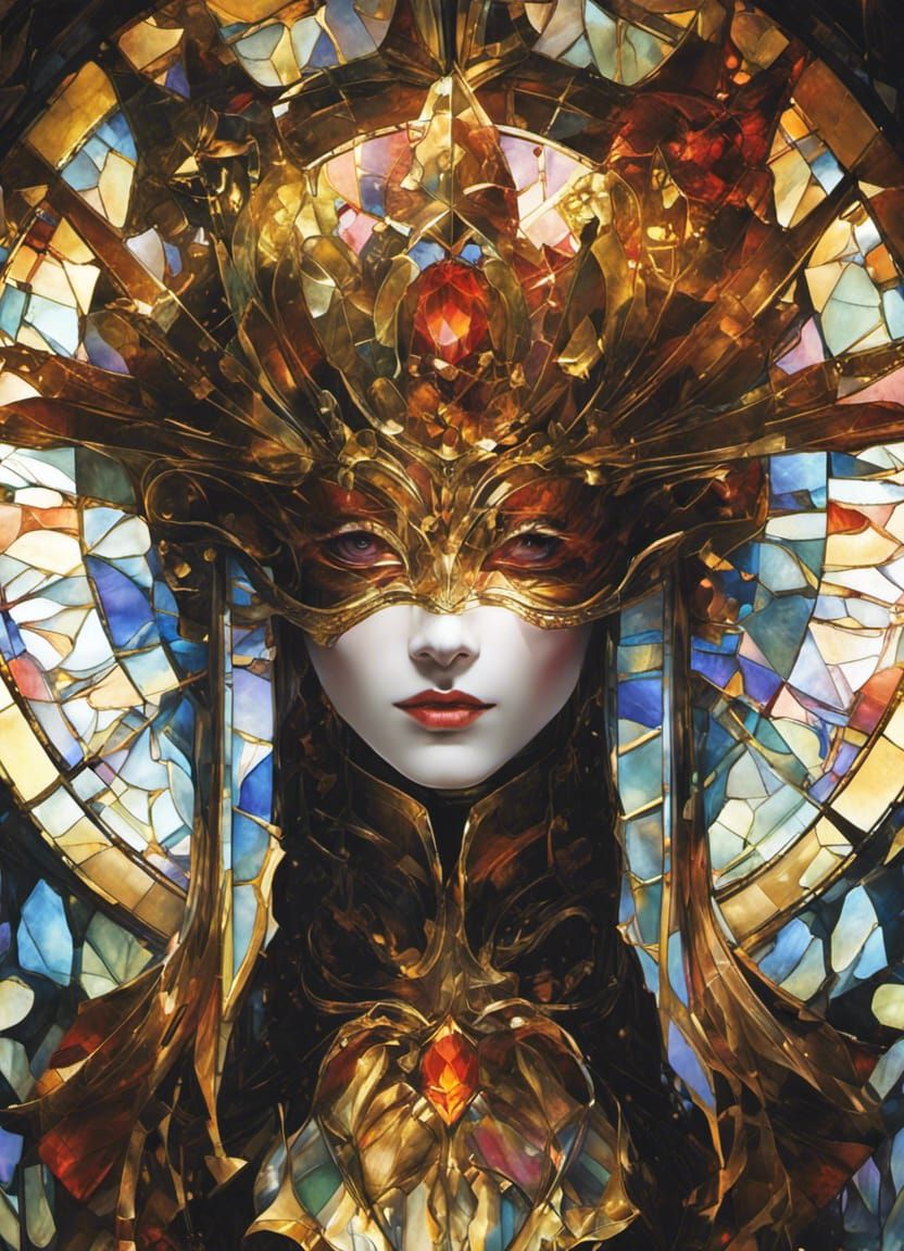 stained_glass_art_of_goddess, glass masquerade mask, mosaicstained