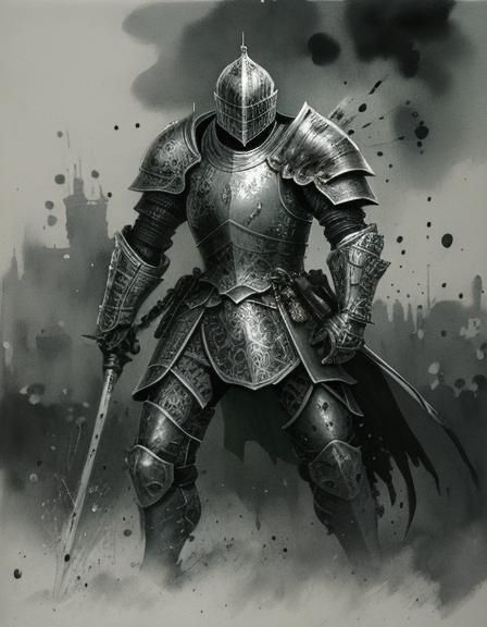 c Knight in armor, ink painting, splash art, green ink wash ...