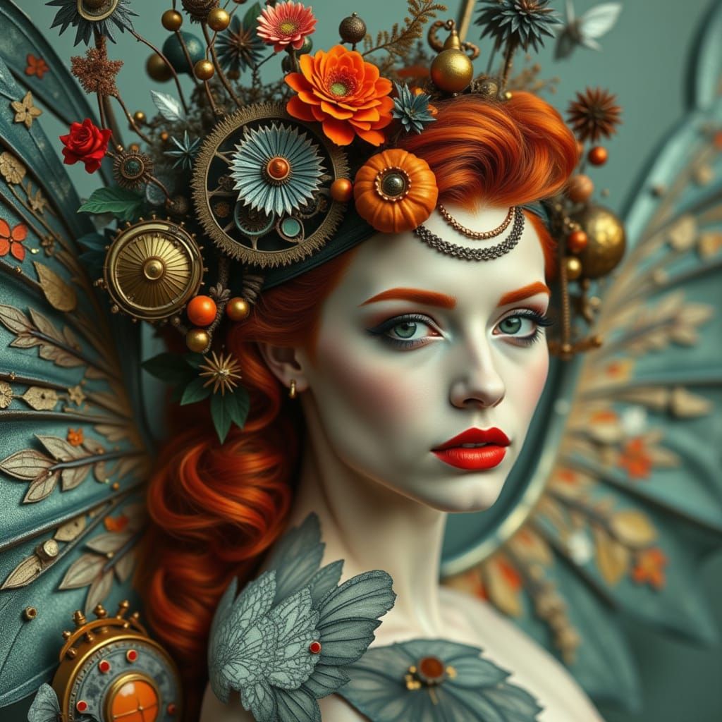 <lora:Ginger Red:1.0> Red headed woman  steampunk   mystical and poetic dreamlike Paul Klee, surreal and celestial, etching & delicate aquat...