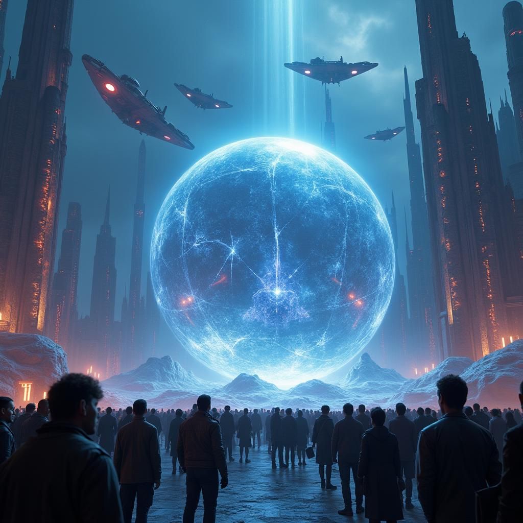 Big crowd around a giant eletric Glass sphere, icy underworld place with futuristic buildings and spaceships in the sky