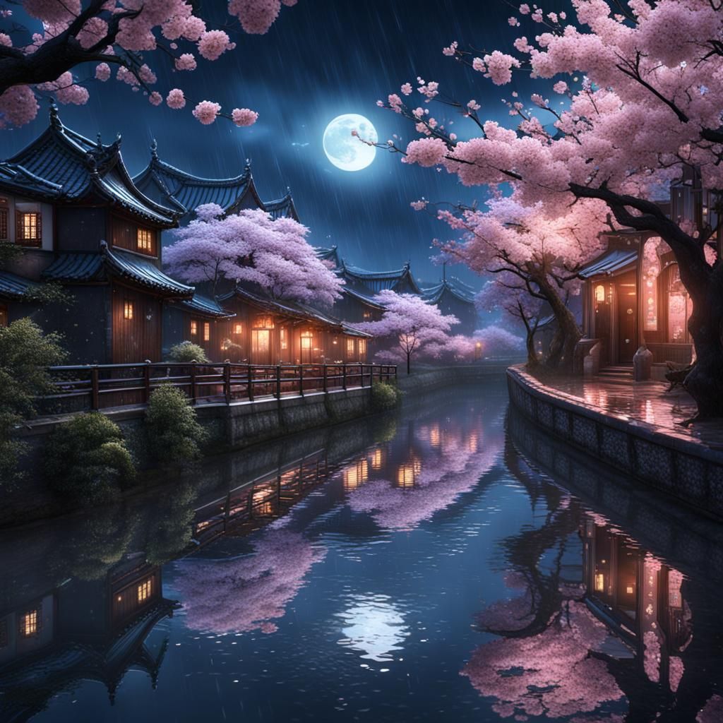 Cherry blossoms flowering during rain on a blue moon night with reflection in canal   by @SoulPrincess