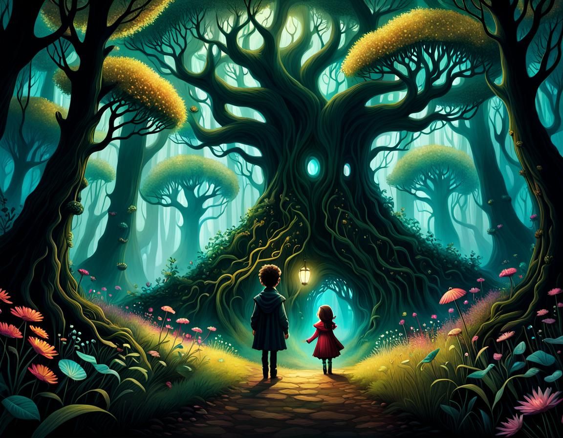 siblings exploring a magical forest