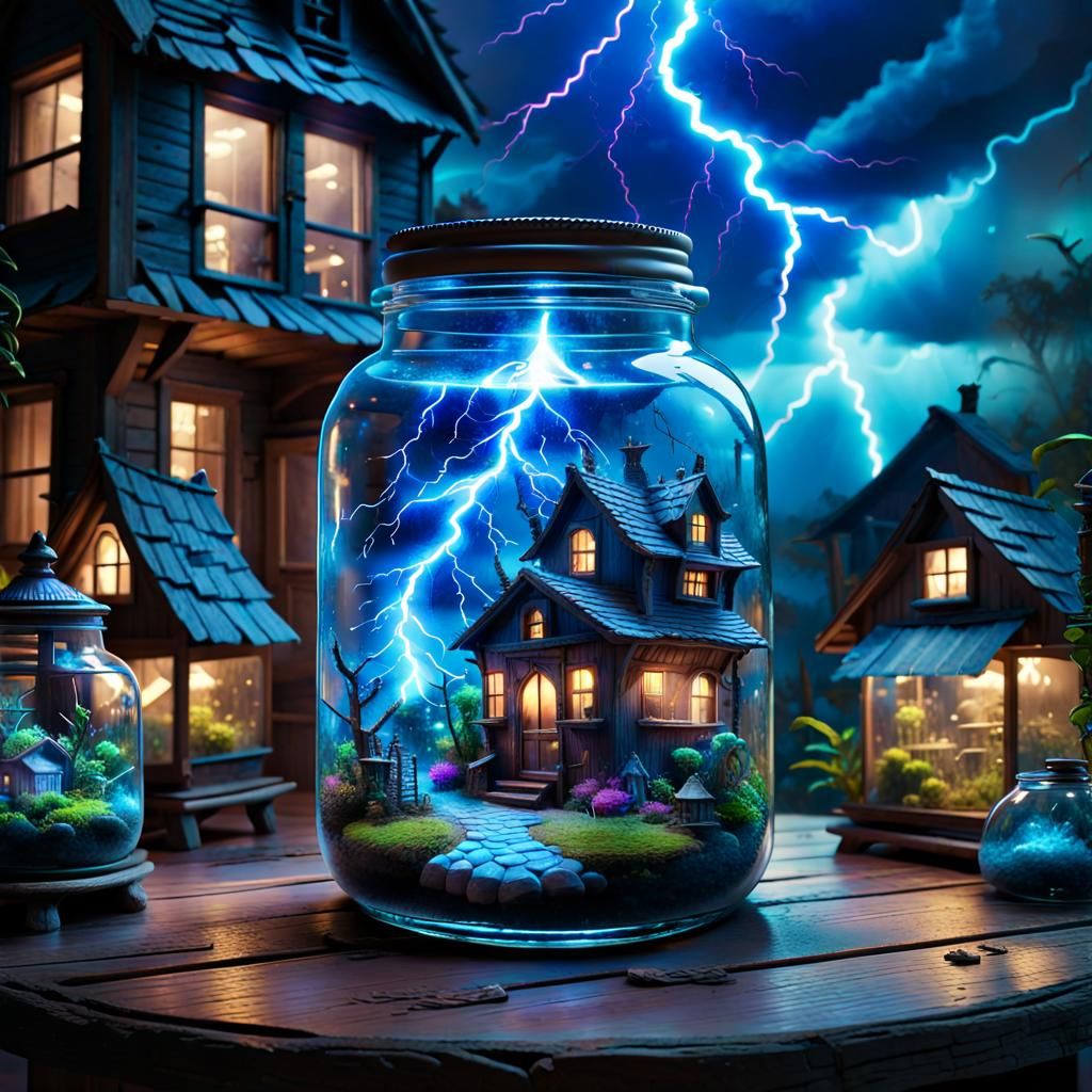 Elaborate glass jar sitting on top of an old wooden table, magical realism, with neon-blue lightning ...  by @David Cameron Law