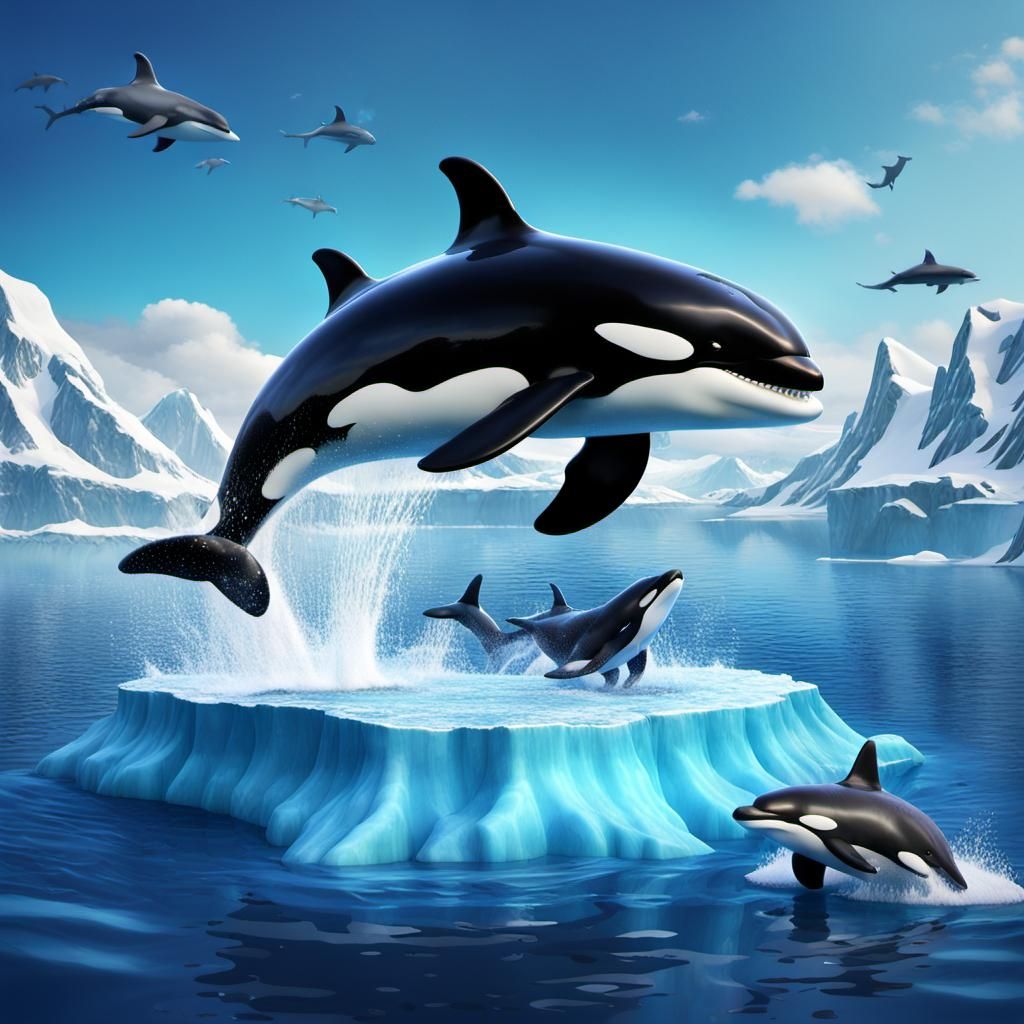 A majestic killer whale breaching the surface in icy waters,...