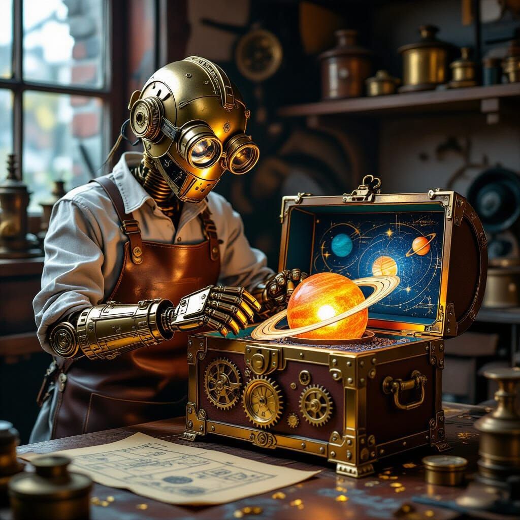 A whimsical steampunk automaton, crafted from polished brass and intricate clockwork, meticulously polishes a tarnished, ornate treasure che...