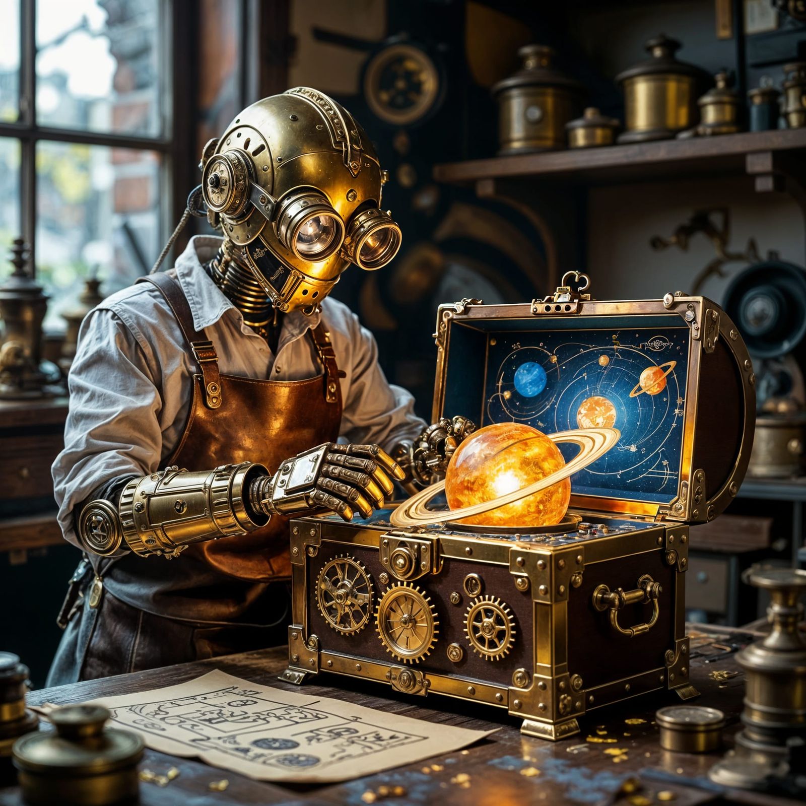 A whimsical steampunk automaton, crafted from polished brass and intricate clockwork, meticulously polishes ...  by @Polly TheNettle