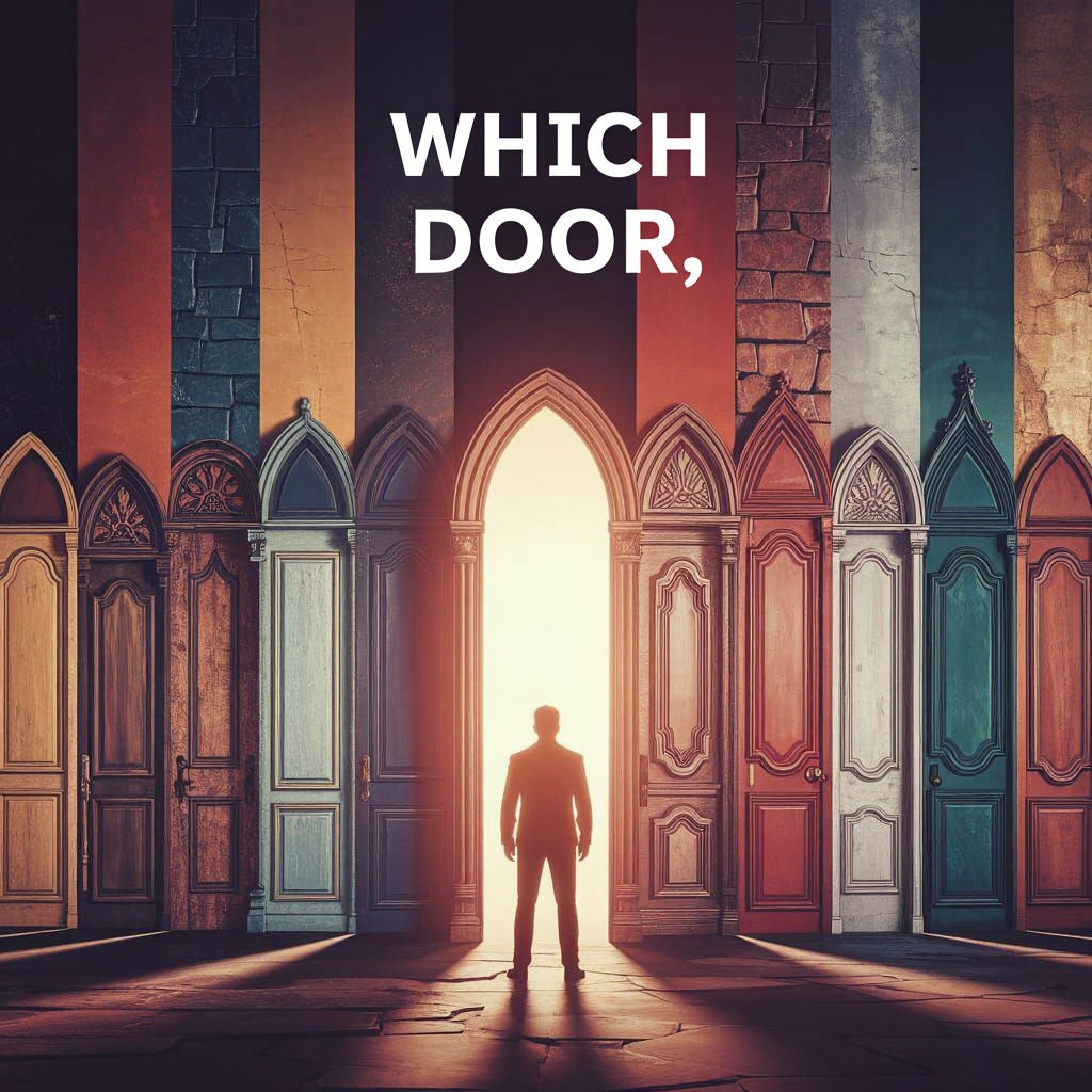 Video game cover called “Which Door” A man standing in front of different styles of doors. digital art deep color flickering light