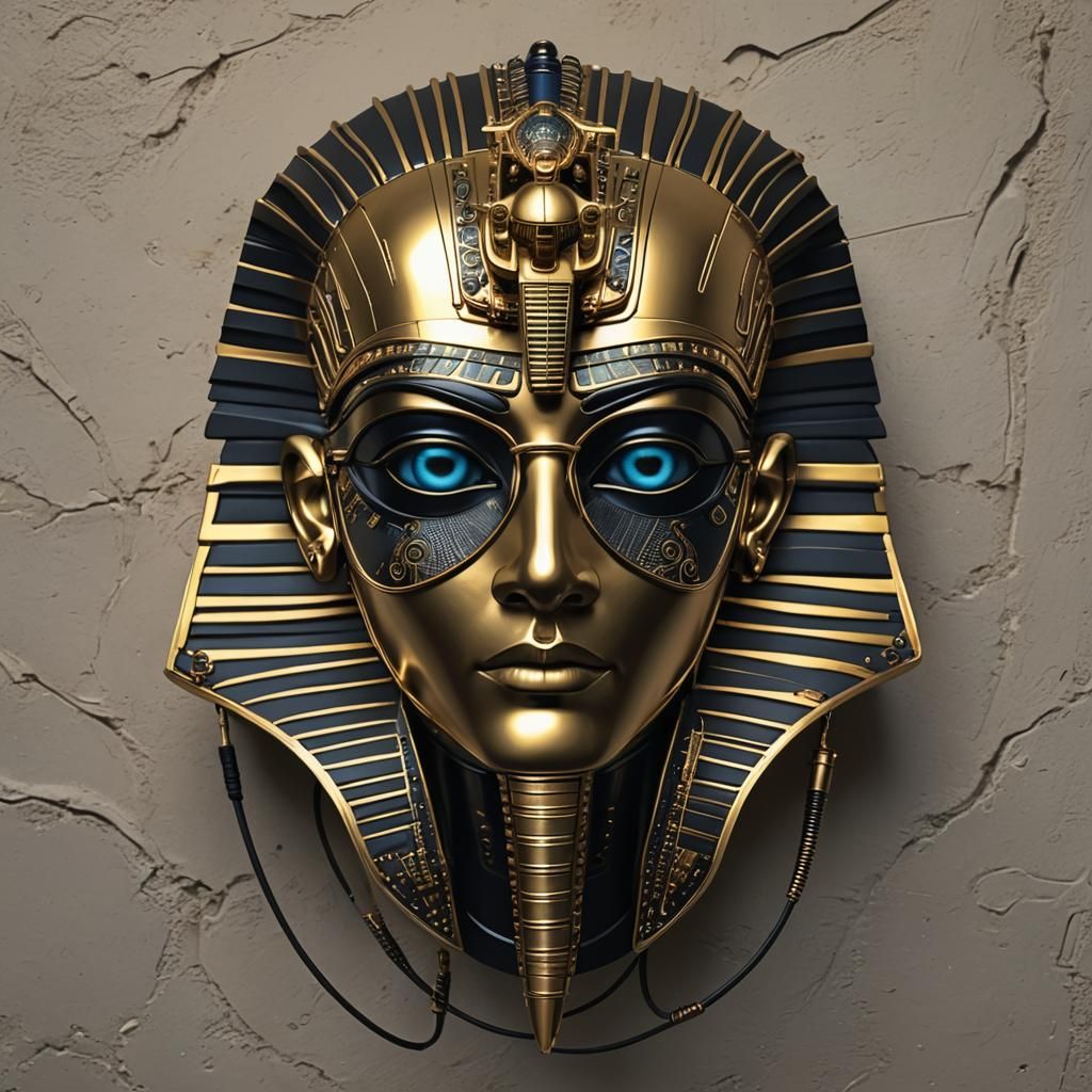 cyberpunk Tutankhamun mask has large round glasses, cables a...