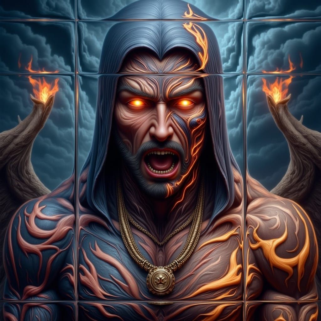 <lora:-Diabolical-:1.0>  A muscular, intensely emotive Minion made of dark fabric with cross-stitched, glowing eyes, adorned with neon glowi...