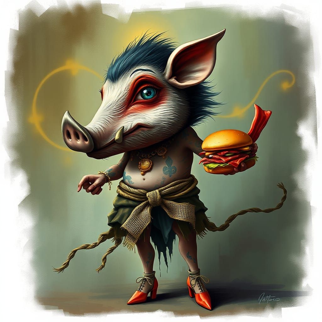 Anthropomorphic Boar Scarecrow with Hamburger