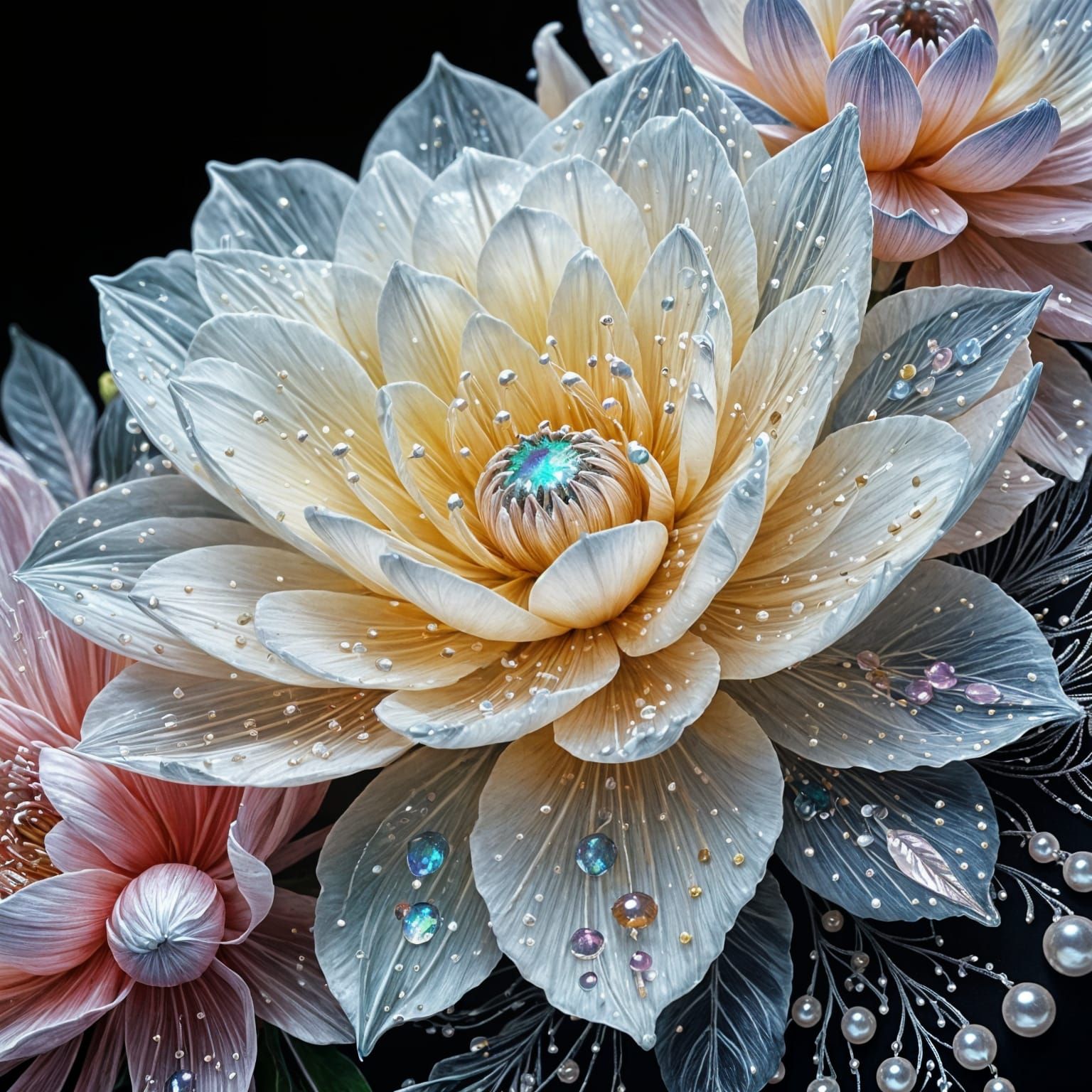 Exquisite Pastel Flowers on Black Background in Watercolor S...