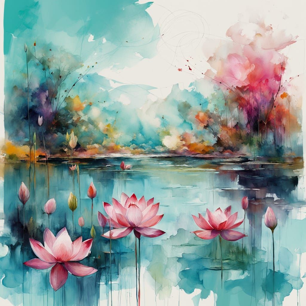  serene light turquoise lake with blooming pink lotus flowers  by @Mapont