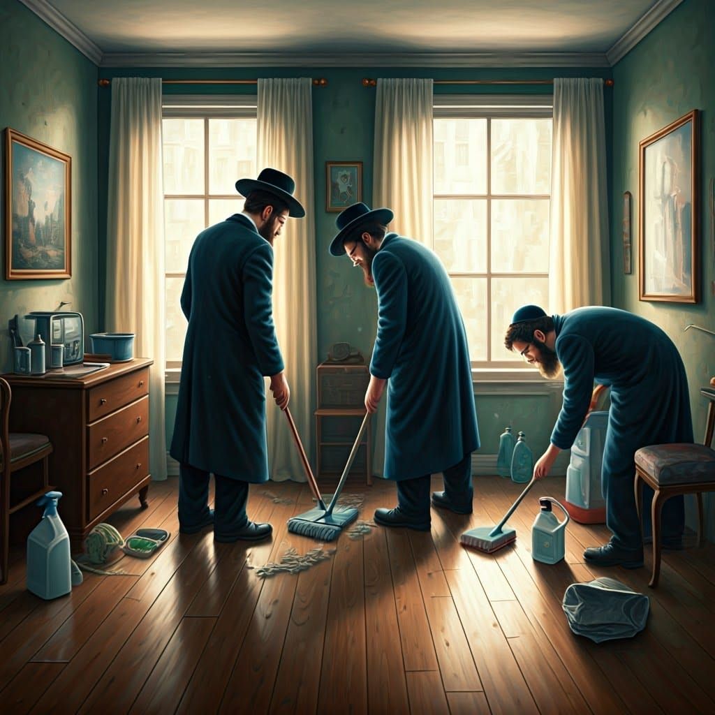 Orthodox Jewish Men Clean for Passover in Warm Domestic Scen...