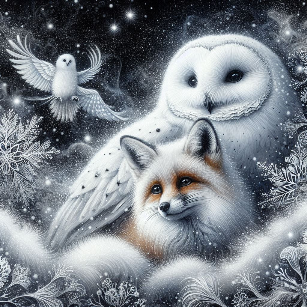Owl and Fox in a Snowflake Blizzard