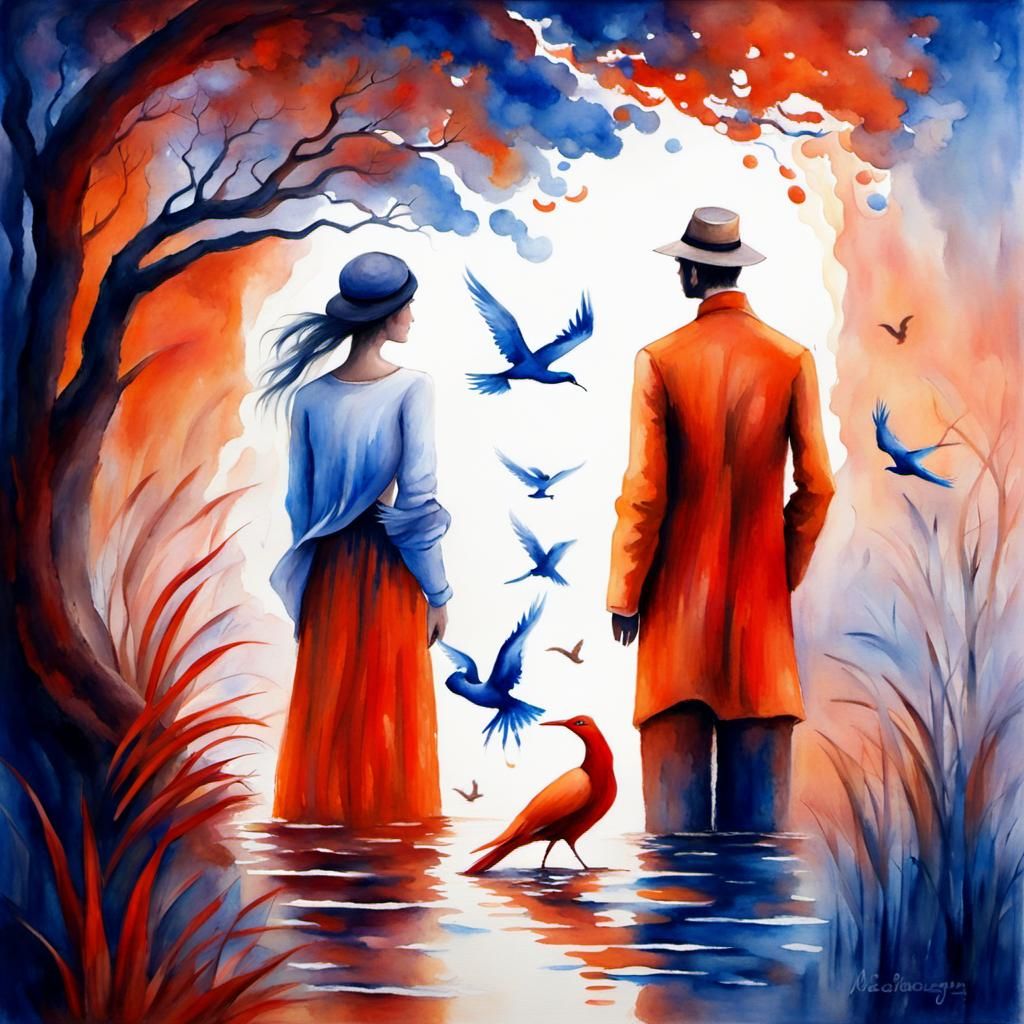 Eclectic Surrealist Fusion Fractal watercolor landscape with golden outlines by Marc Chagall. Distressed texture