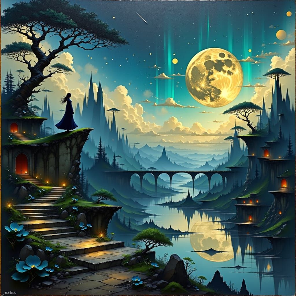 Transform the background into a vast, star-filled night sky with glowing auroras, and change the architecture to an ethereal city of shimmer...