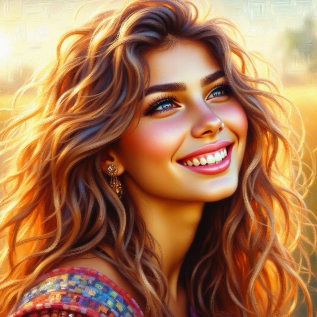 Joyful Girl in Golden Hour Light, Impressionist Style