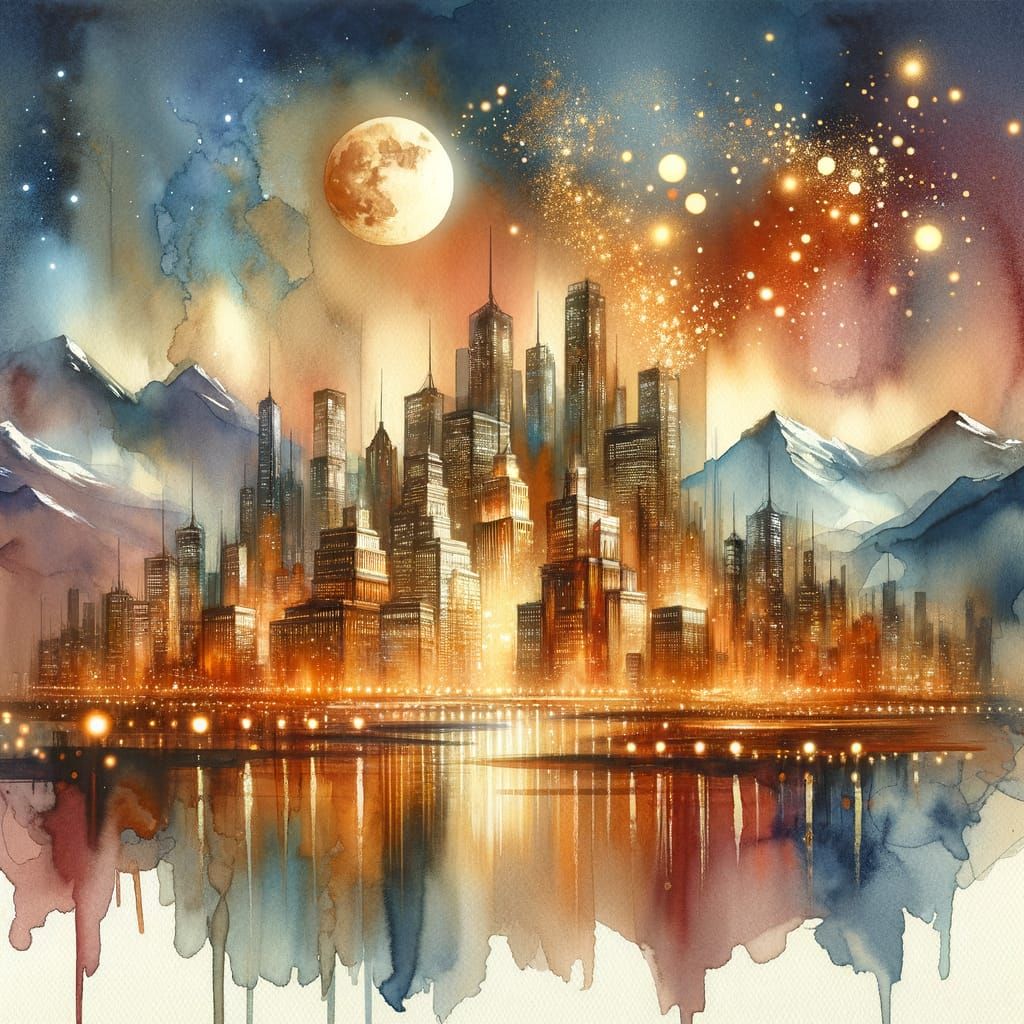 Watercolor Nighttime Cityscape  by @Pop
