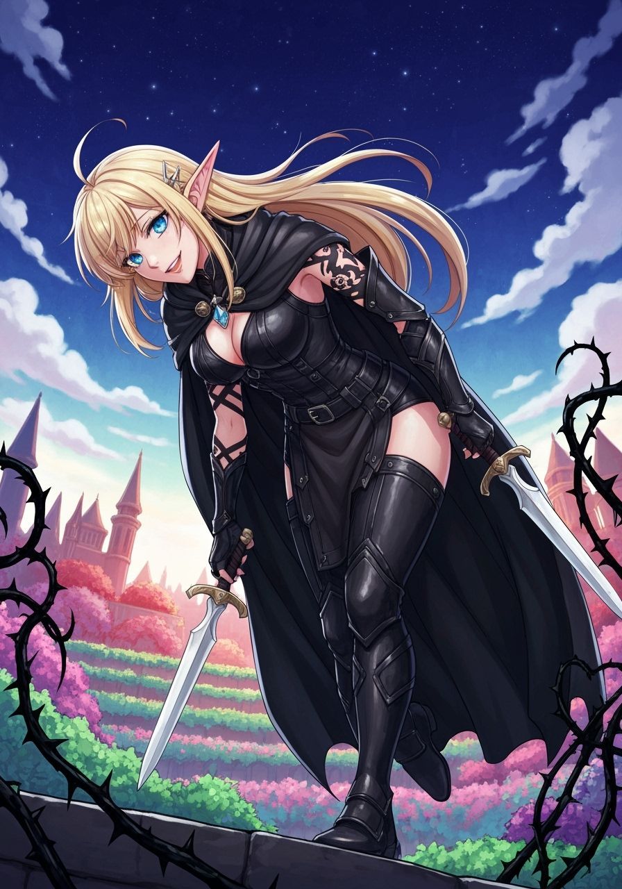 elf rogue, leaning down, tattoo, smile, city, from below, black leather armor, daggers, dark cloak, d&d, 2d, full body, ...