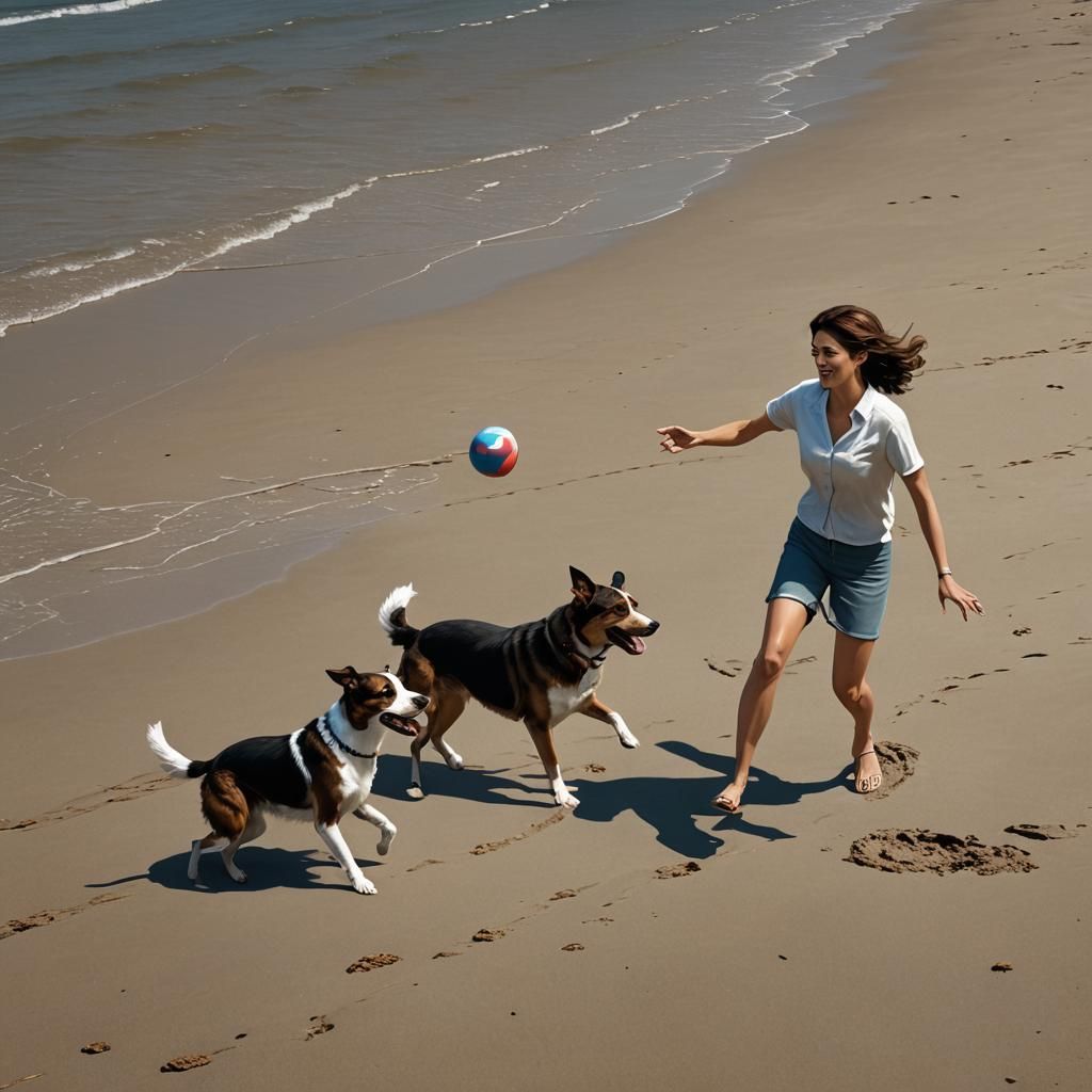 Pretty brunette in her mid-forties playing frisbee with dog ...