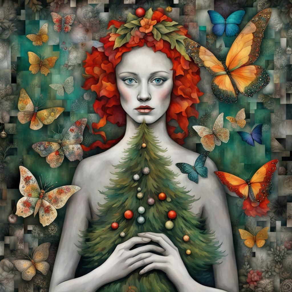 Christmas Tree, Patchwork, intricate details, Maximalism.Evergreen tree