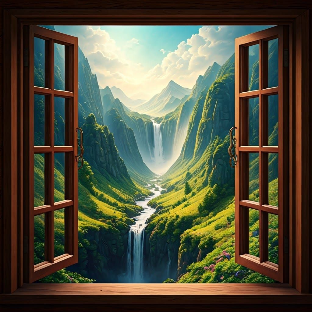 a view of a mountain valley with a waterfall from an open window