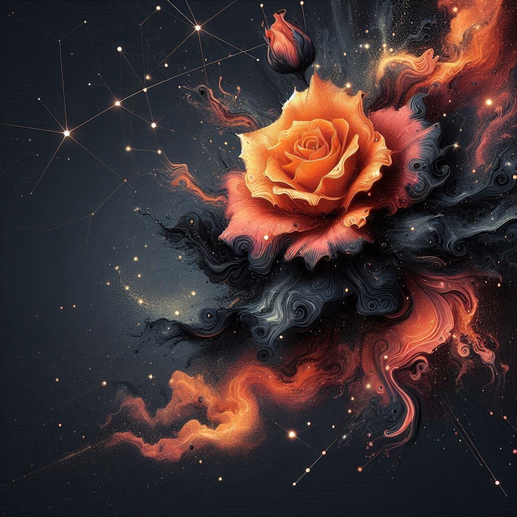 **"Strahlende Orange trifft tiefes Schwarz: Eine digitale Rose erblüht in kosmischer Dunkelheit"*
