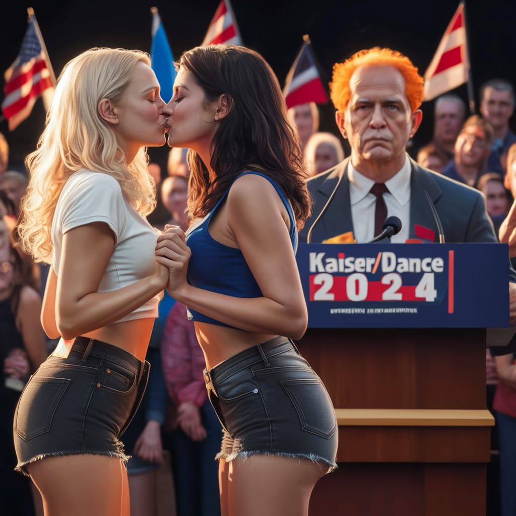 photorealistic image of a blonde haired woman and a dark haired woman both wearing short jean shorts kissing at a rally. In the background,...