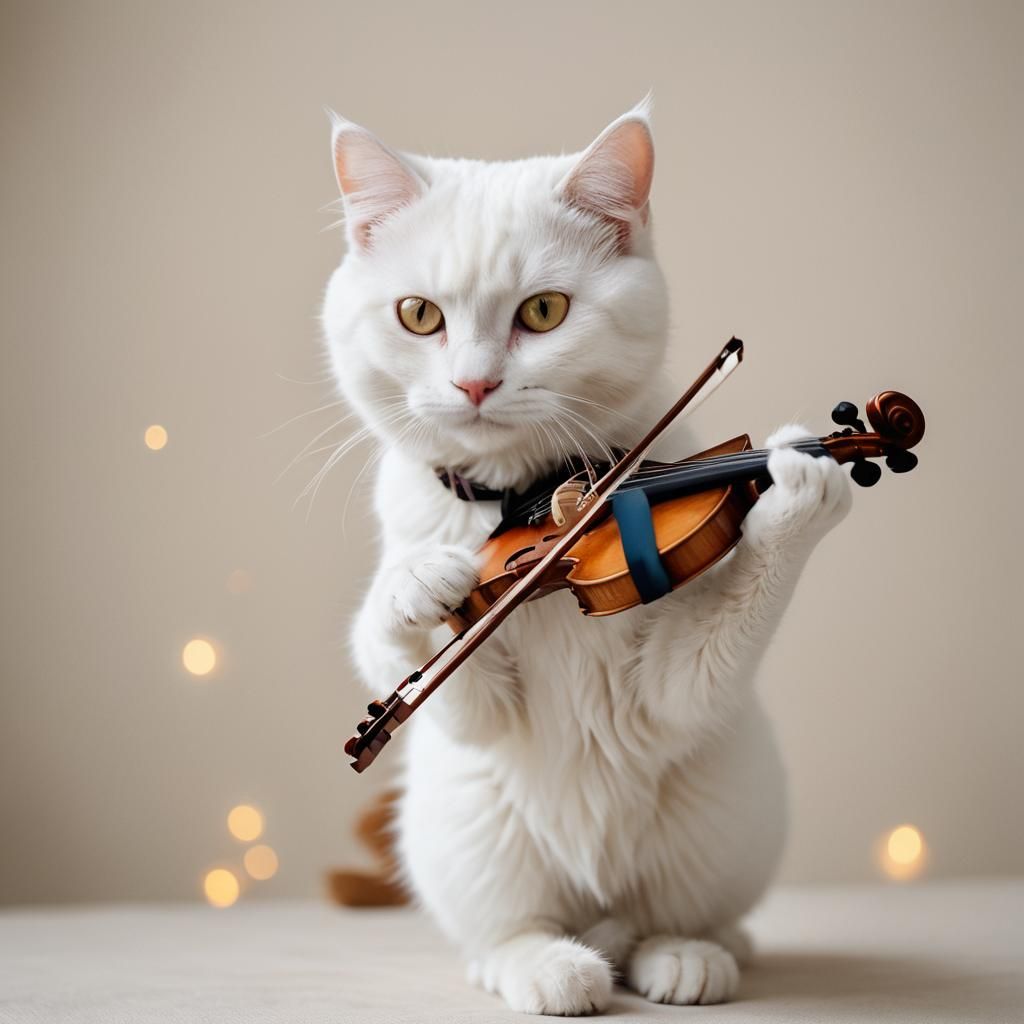 White Cat Plays Violin in Portrait Photography