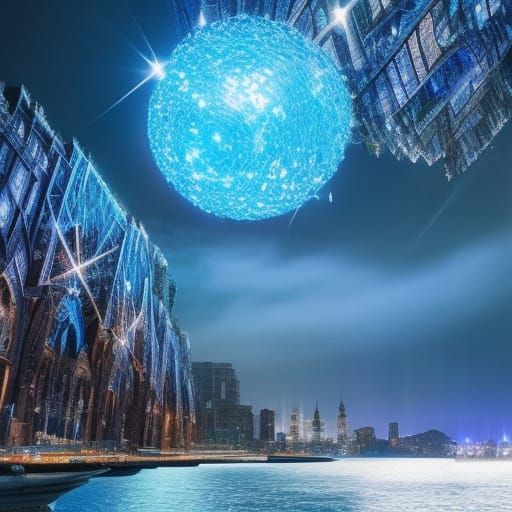 A sparkling crystal sphere in the universe : vibrant blue co...