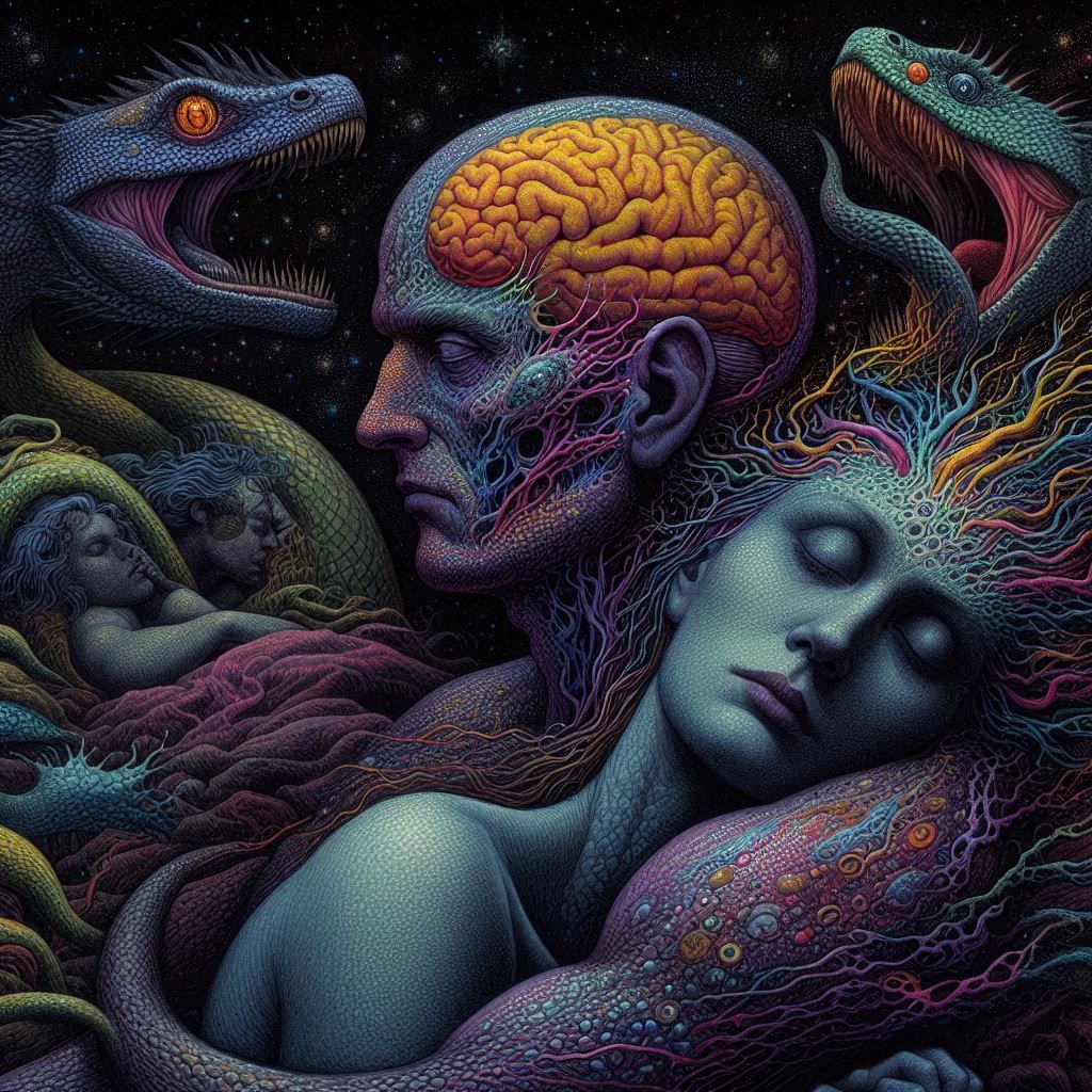 A reptile brain, cold, still, and deep, While thoughts of man in shadows sleep. A couple bound by night’s design, The in...