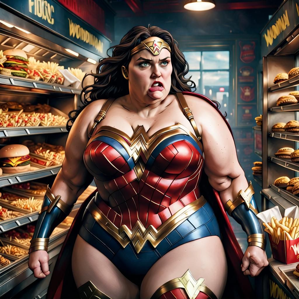 obese wonderwoman after eating fast foods after fighting cri...