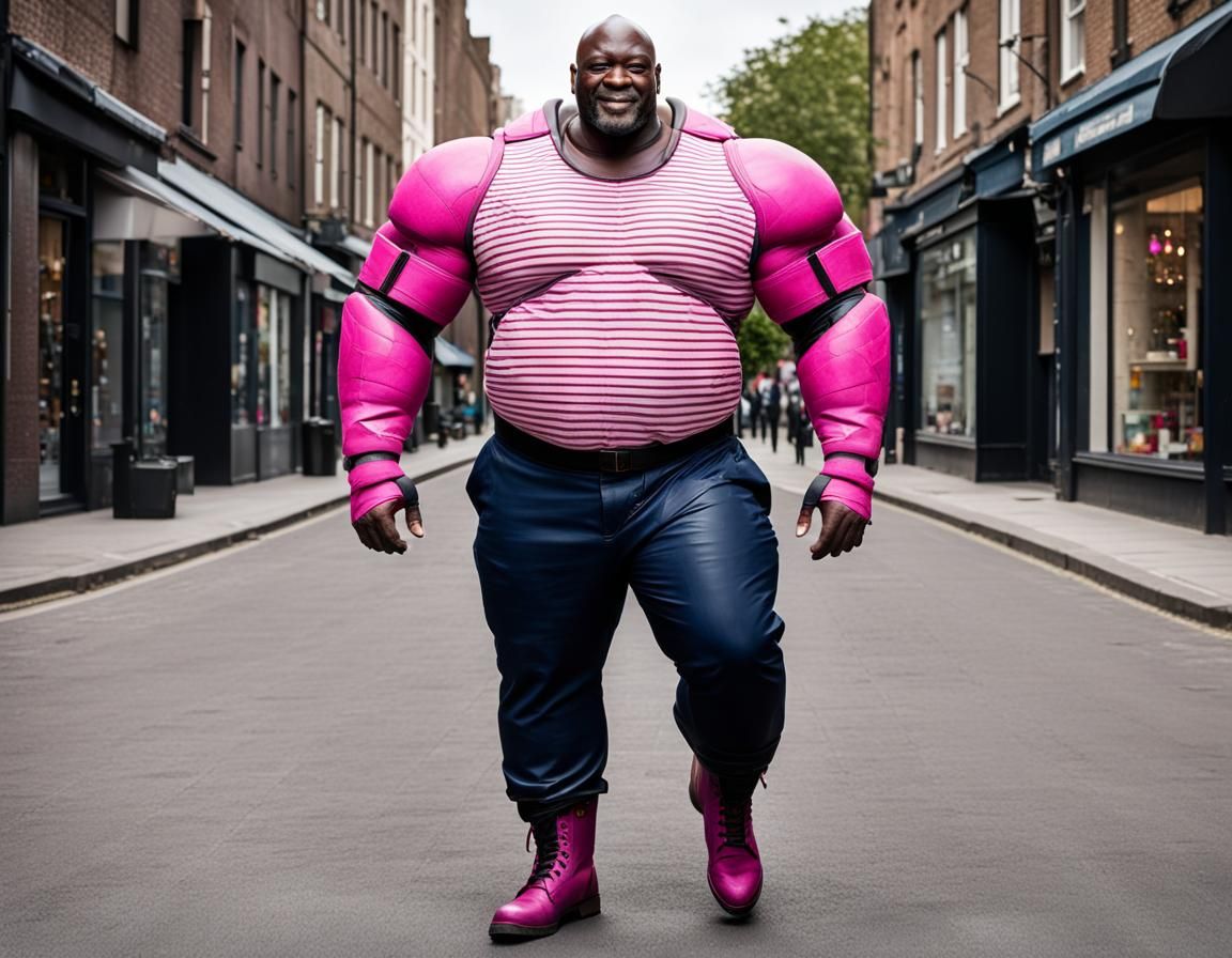 A tall, bald man with dark skin strides down the street, his...