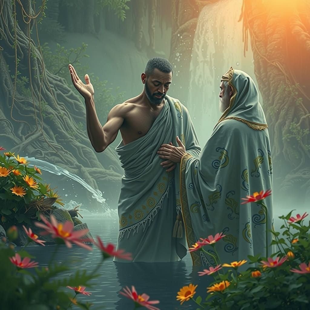 First century apostle baptising a black man with head bowed