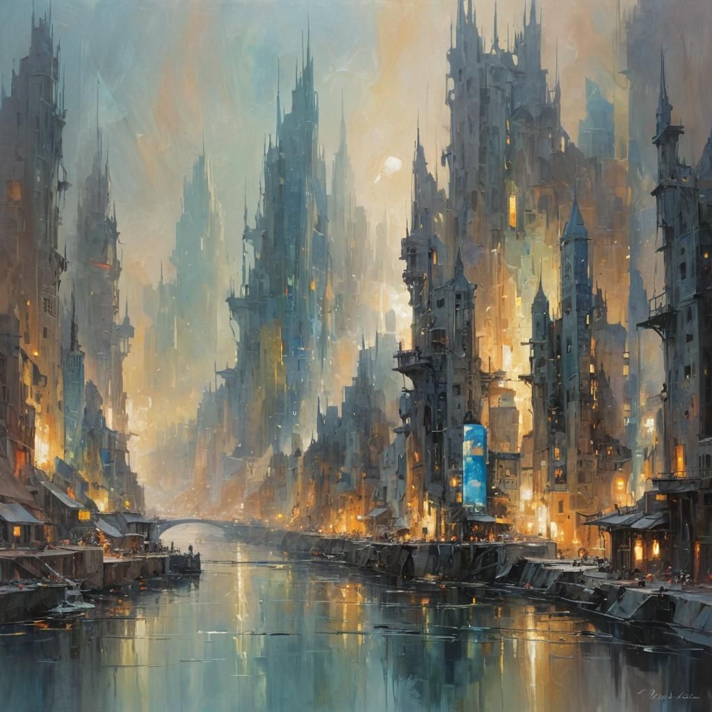 An abstract piece where light creates an otherworldly city.