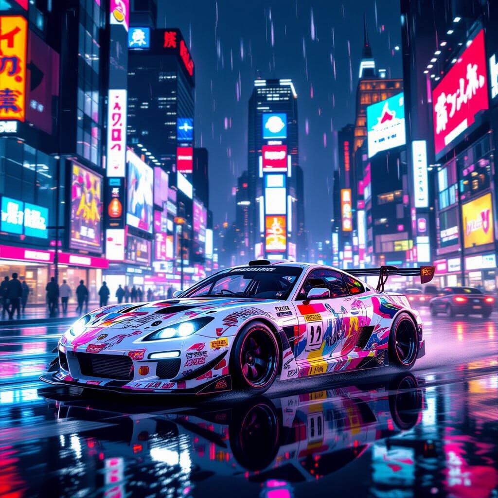 Itasha car adorned with vibrant anime stickers, cruising through a neon-lit cityscape at night. The car smoothly moves f...