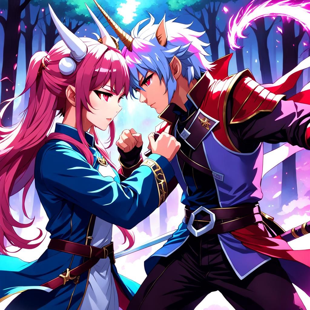 A male Tiefling soldier with a Unicorn horn with his Charlat...