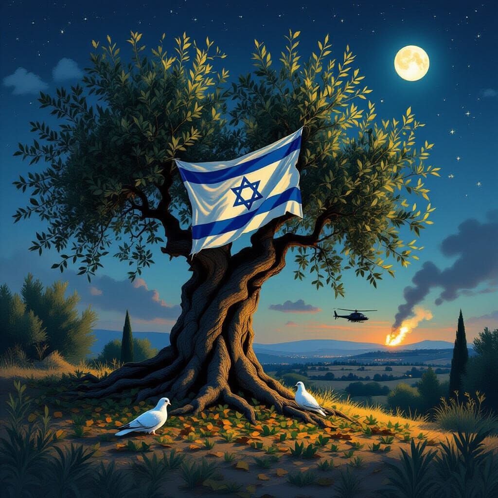 Olive Tree with Flag in Dramatic Lighting
