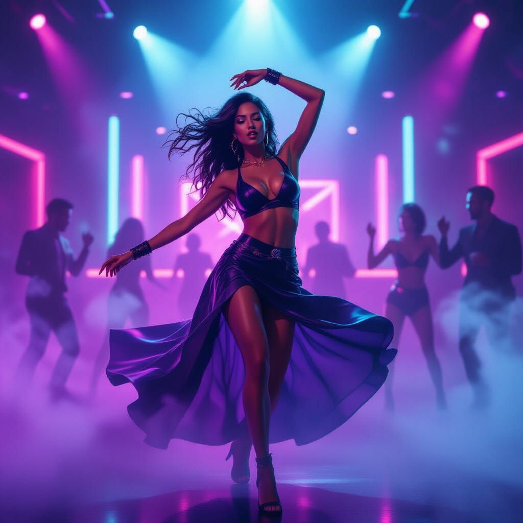 Vibrant Woman Dancing in Cyberpunk Neon Nightclub