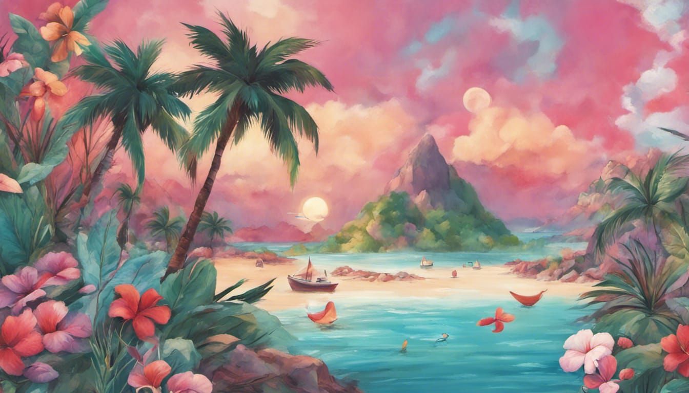 Tropical Island Paradise with Flamingos and Hibiscus