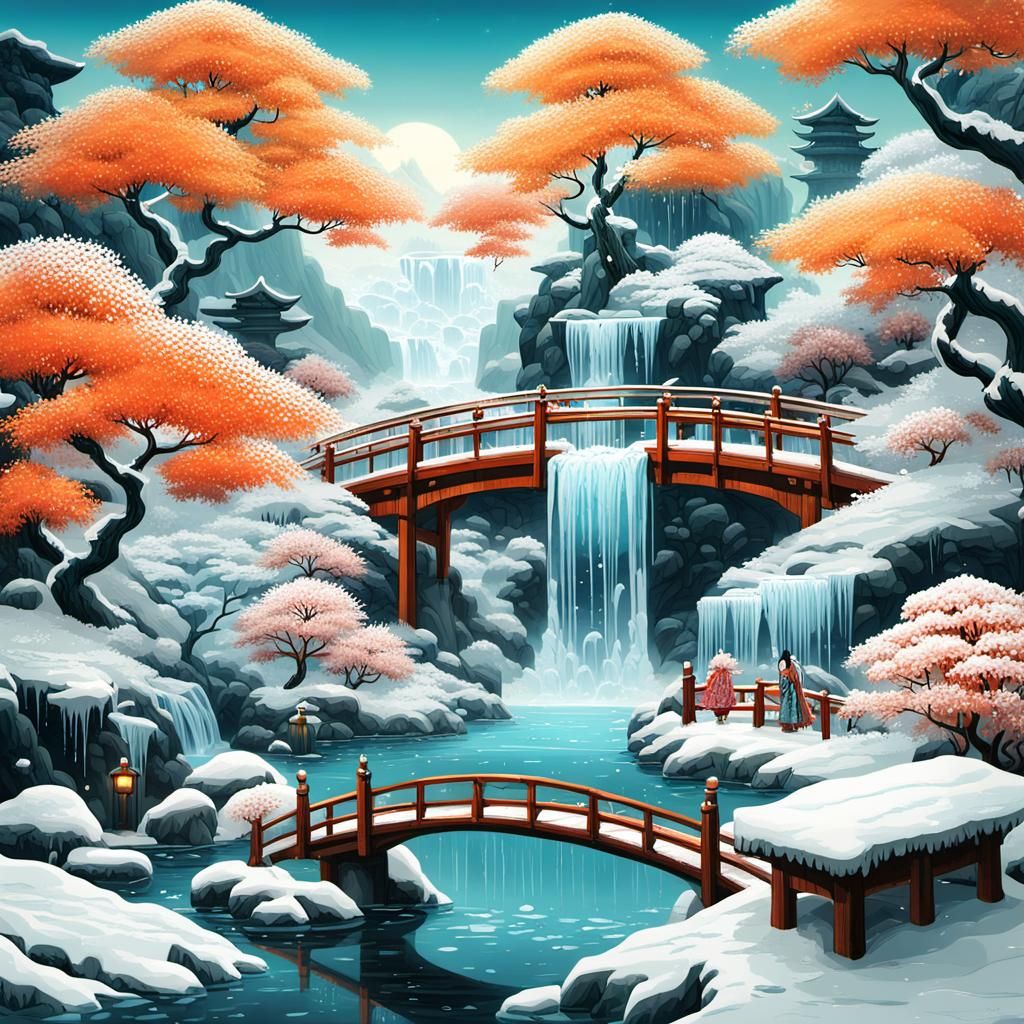 Icy Waterfall in Japanese Garden: Fantasy Concept Art