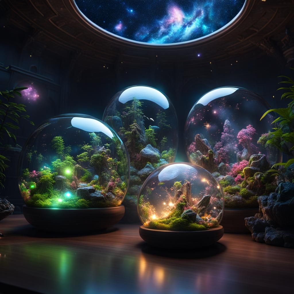 fantasy gorgeous galaxy in a intricate terrarium on a table among the terrariums of other worlds and ...  by @SilverSeasons