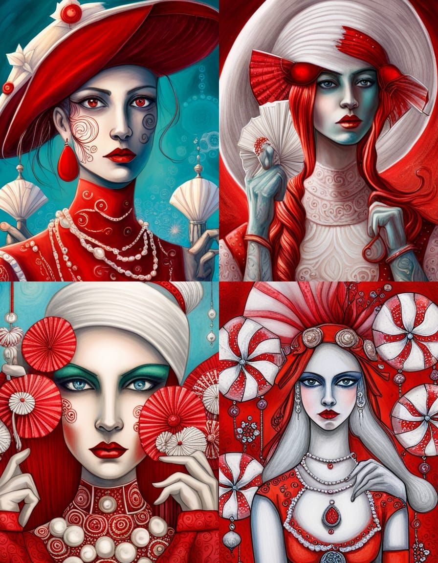 fantasy girl, red and white painted face, big white hat with...